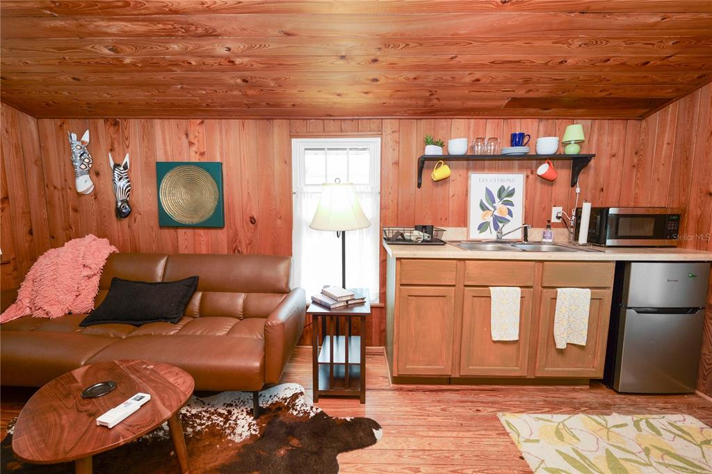 A small room features wood-paneled walls, a brown sofa, a kitchenette, and a cowhide rug — 1157 E EDGEWOOD DRIVE UNIT C, LAKELAND, FL