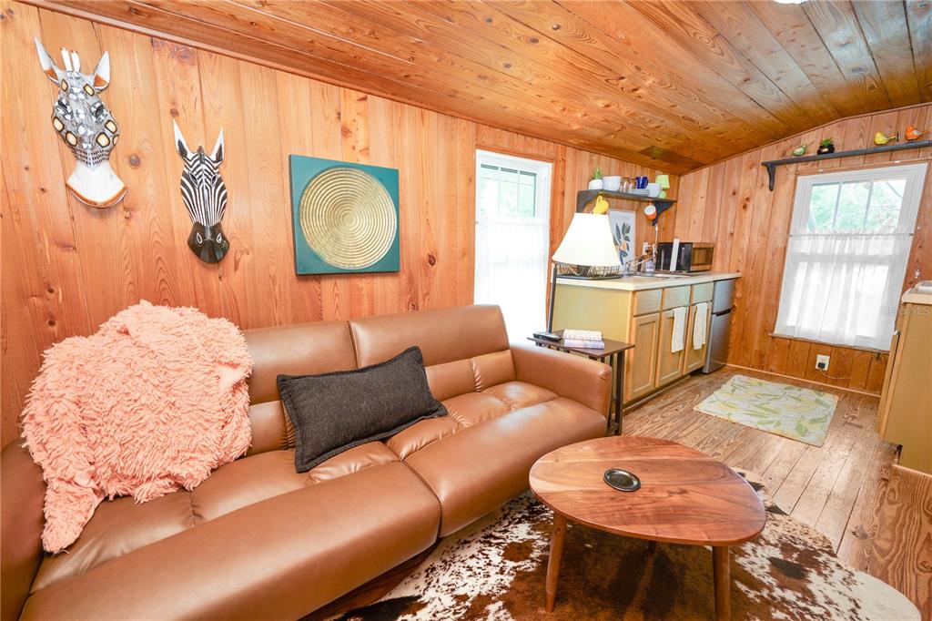 A living room with wood-paneled walls, a brown leather sofa, and animal-themed wall decor — 1157 E EDGEWOOD DRIVE UNIT C, LAKELAND, FL