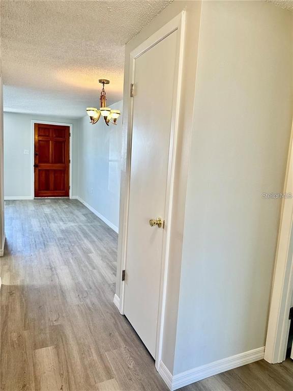 A hallway with light wood-look flooring leads to a wooden front door under a chandelier — 4930 GETNER STREET UNIT 0, NEW PORT RICHEY, FL