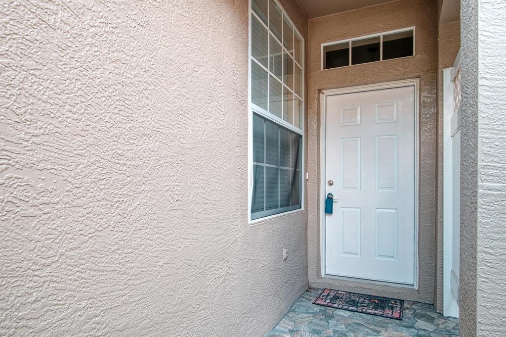 A white front door with a transom window sits beside a window on a stucco porch — 11092 WINDSOR PLACE CIRCLE, TAMPA, FL