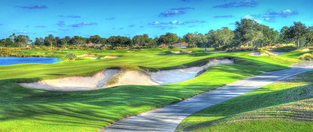 A golf course with a paved cart path, sand bunkers, and a lake under blue skies — 350 HIBISCUS WAY, PALM COAST, FL