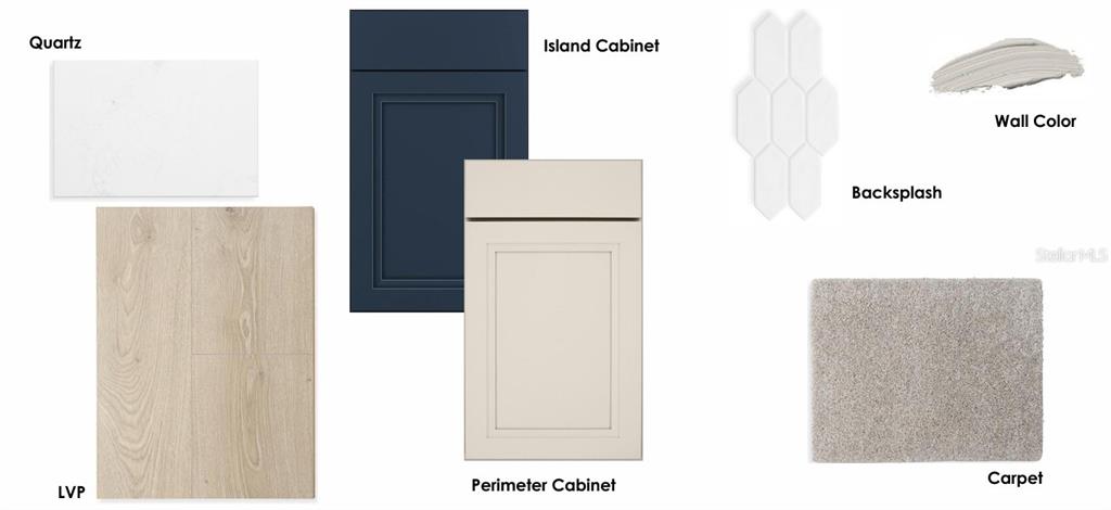 This interior design mood board displays samples of cabinets, quartz, flooring, backsplash, and paint colors — 6428 PONDER WAY, CLERMONT, FL