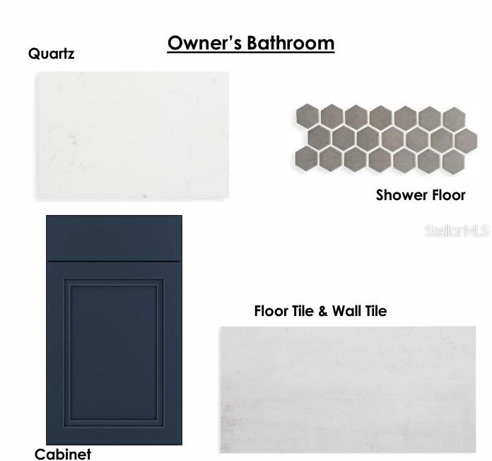 This design board shows finishes for an owner's bathroom, including quartz, tile, and blue cabinets — 6428 PONDER WAY, CLERMONT, FL