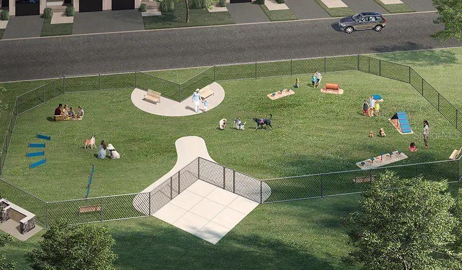 This rendering shows an outdoor fenced dog park with agility equipment and seating areas — 6169 SW 64TH STREET, OCALA, FL