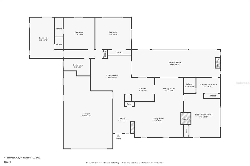 This is a floor plan of a single-story house featuring a garage and Florida room — 442 HOMER AVENUE, LONGWOOD, FL