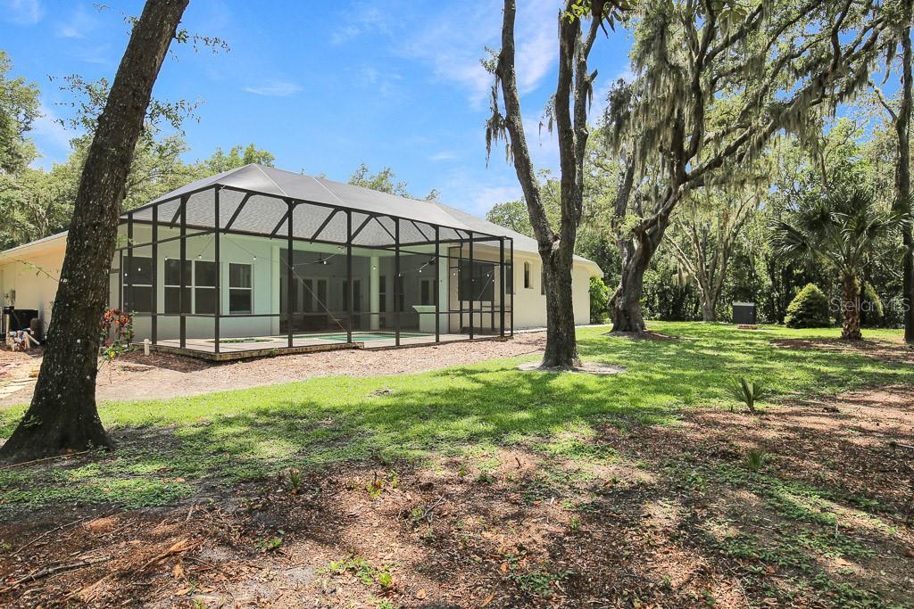 A screened-in pool enclosure sits behind a house surrounded by large trees and grass — 6034 HAMMOCK HILL AVENUE, LITHIA, FL