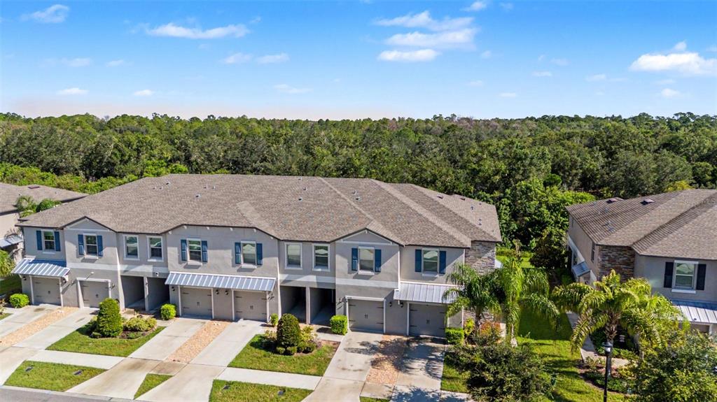 An aerial view of a multi-unit townhouse complex with attached garages and a wooded backdrop — 9706 PEMBROOKE PINES DRIVE, SUN CITY CENTER, FL