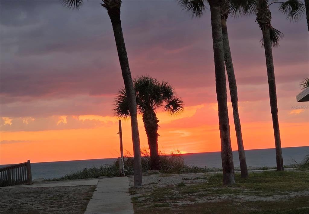 A sunset view over the ocean with palm trees and a sandy beach path — 908 VILLAS DRIVE UNIT 23, VENICE, FL