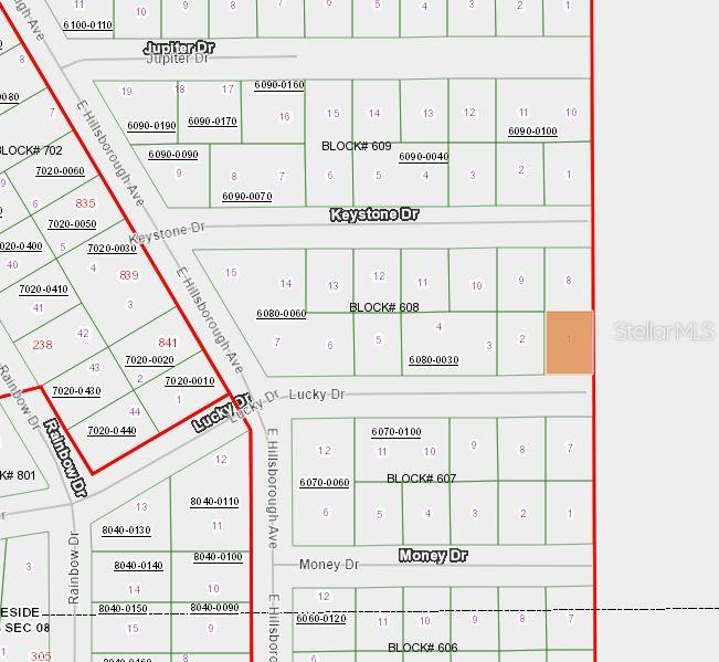 This is a plat map showing property lot lines and street names in a residential neighborhood — 312 LUCKY DRIVE, FLORAHOME, FL