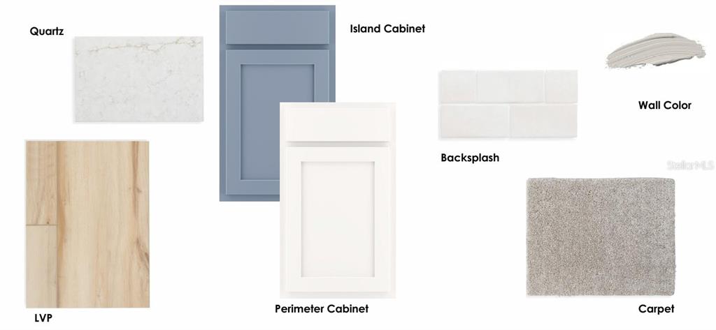 This image is a digital rendering of interior design finish samples for a kitchen — 6434 PONDER WAY, CLERMONT, FL