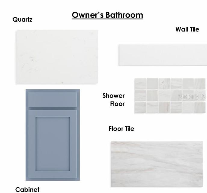 This design board displays finishes for an owner's bathroom, including quartz, tile, and blue cabinets — 6434 PONDER WAY, CLERMONT, FL