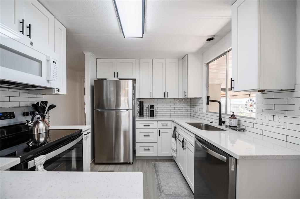 A backyard features a paved patio, a mulch area, and a light-colored mobile home exterior — 36749 JODI AVENUE, ZEPHYRHILLS, FL