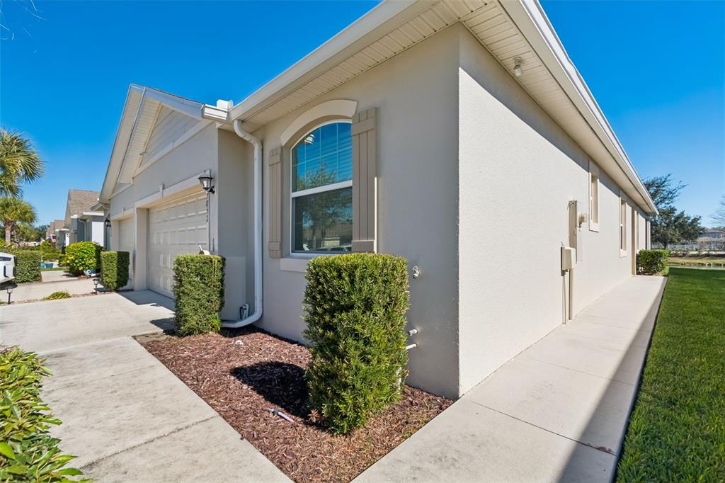 The exterior of a beige house features a garage, a window with shutters, and landscaping — 7852 TIMBERVIEW LOOP, WESLEY CHAPEL, FL