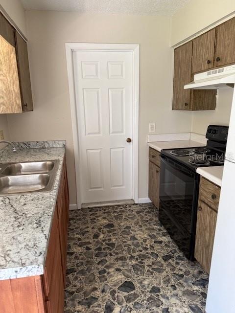 A kitchen features wood cabinets, granite countertops, a double sink, and a black electric range — 217 ALDO DRIVE, BABSON PARK, FL