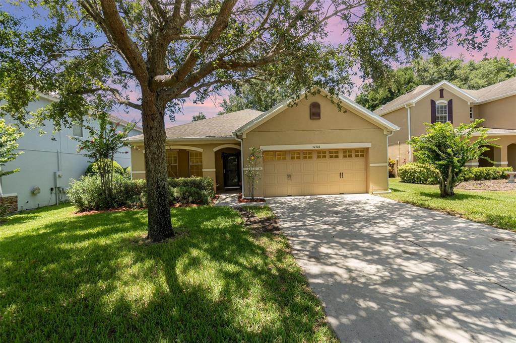 A single-story tan house with a two-car garage and a large tree in the yard — 30308 CHEVAL STREET, MOUNT DORA, FL