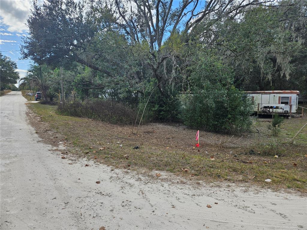 A dirt road runs alongside a wooded lot featuring a weathered mobile home — 15950 NE 4TH PLACE, WILLISTON, FL