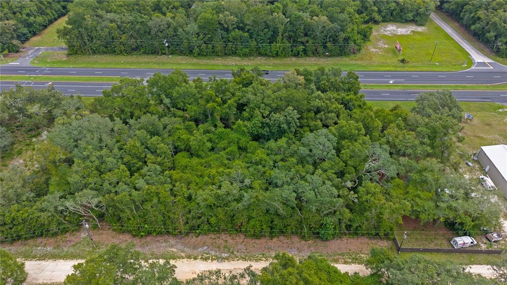 An aerial view shows a densely wooded rectangular lot adjacent to a multi-lane highway — 0 N HWY 19, CHIEFLAND, FL