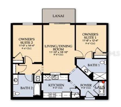 This is a floor plan for a two-bedroom, two-bathroom apartment with a central living area — 4126 BREAKVIEW DRIVE UNIT 30701, ORLANDO, FL