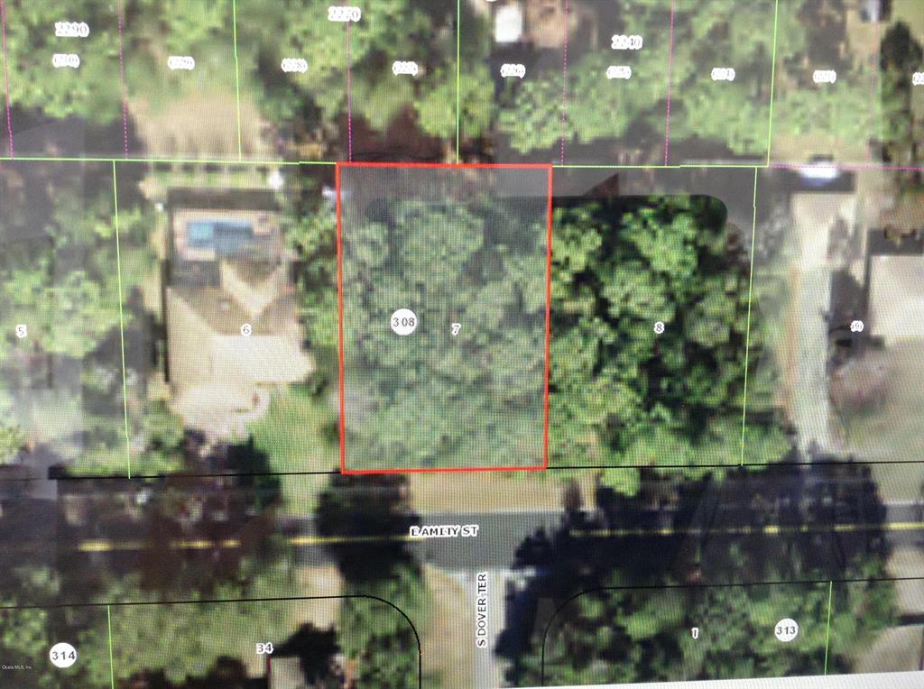 This is an aerial map showing a rectangular plot of land highlighted in red — 6397 E AMITY ST. STREET, INVERNESS, FL