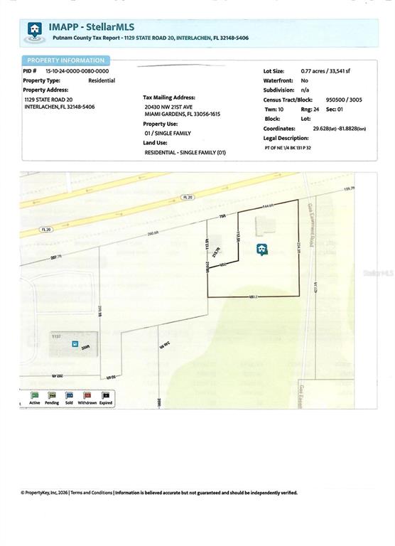 This image is a property tax report map showing lot lines and dimensions — 1129 STATE ROAD 20, INTERLACHEN, FL