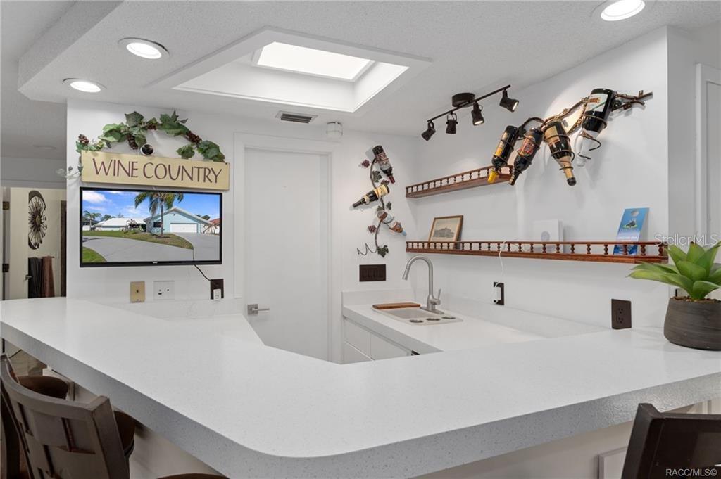 A wet bar features white countertops, open shelving, wine bottle racks, and a wall-mounted television — 171 SW 3RD STREET, CRYSTAL RIVER, FL
