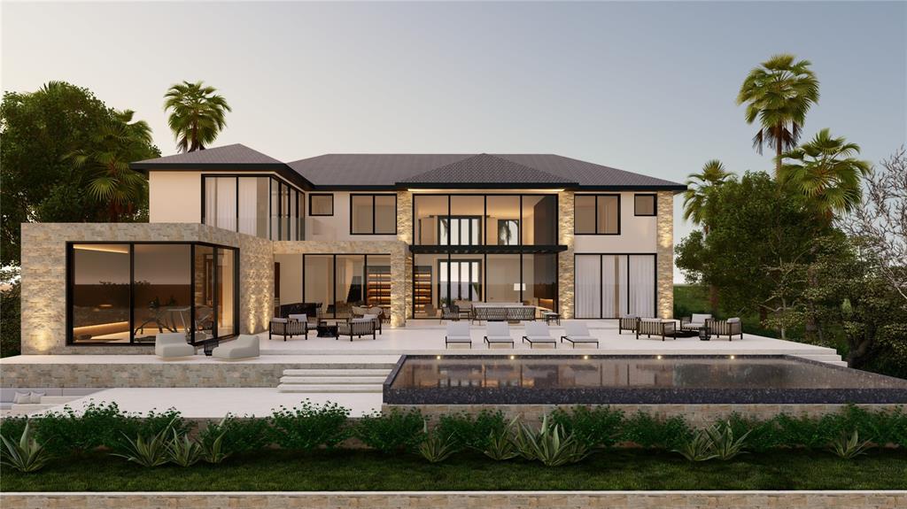 A rendering of a modern two-story house with a stone facade, patio, and swimming pool — 16317 PENDIO DRIVE, BELLA COLLINA, FL