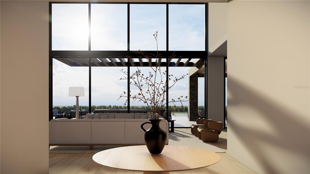 This rendering shows a modern living room with floor-to-ceiling windows and a view outdoors — 16317 PENDIO DRIVE, BELLA COLLINA, FL