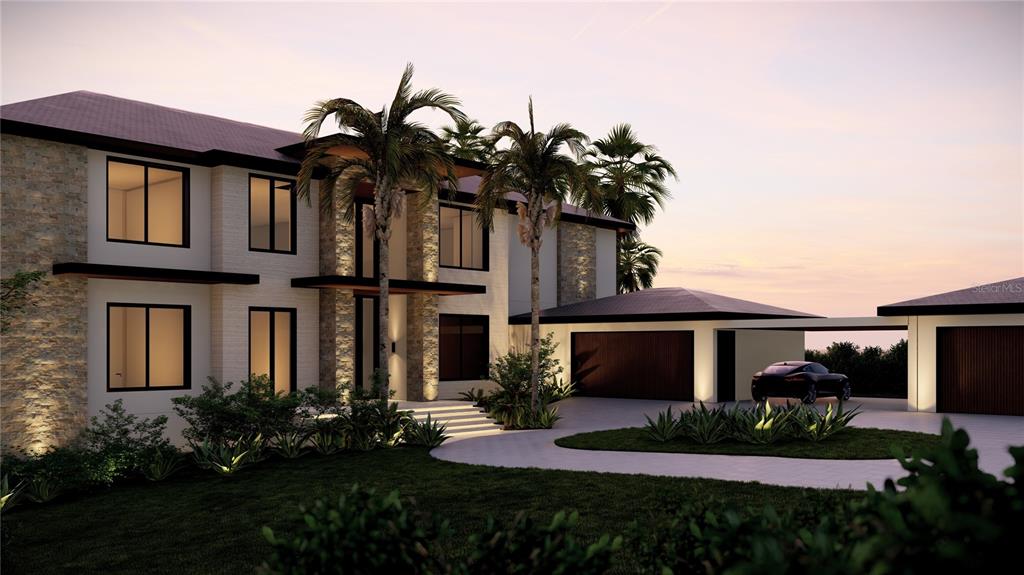 This is a rendering of a modern two-story house with stone accents and a detached garage — 16317 PENDIO DRIVE, BELLA COLLINA, FL