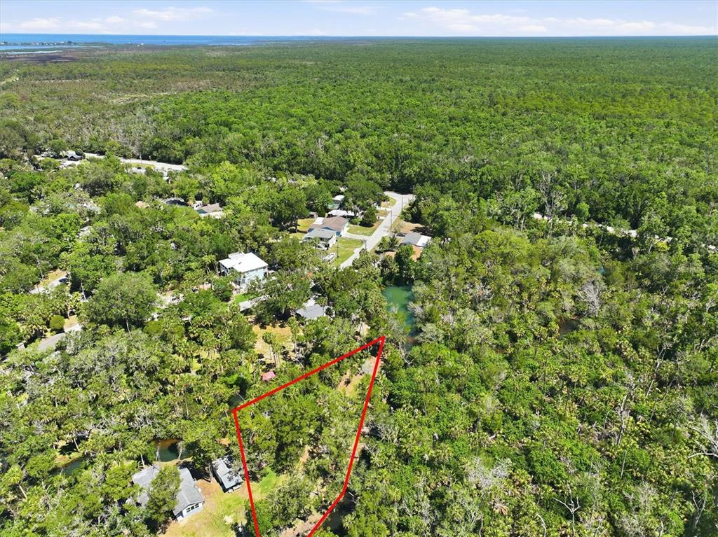An aerial view shows a wooded lot outlined in red near a small body of water — 6248 COLONY CIRCLE, WEEKI WACHEE, FL