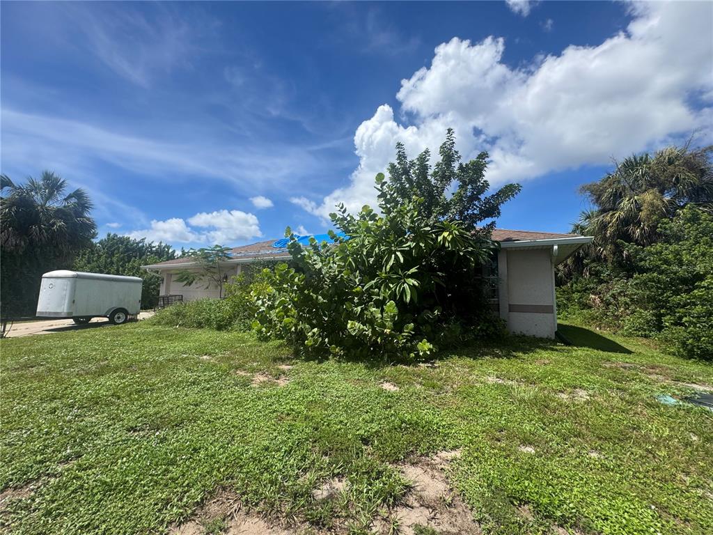 An exterior view of a house with a blue tarp on the roof and overgrown landscaping — 168 MILLPORT STREET NW, PORT CHARLOTTE, FL