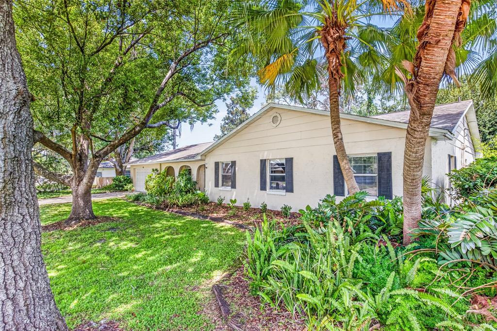 A single-story house with beige siding, dark shutters, and a palm tree in the front yard — 301 VALENCIA COURT, WINTER GARDEN, FL