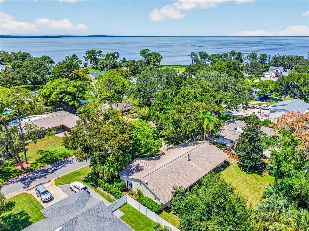 An aerial view shows a residential neighborhood with houses, lush trees, and a large lake — 301 VALENCIA COURT, WINTER GARDEN, FL