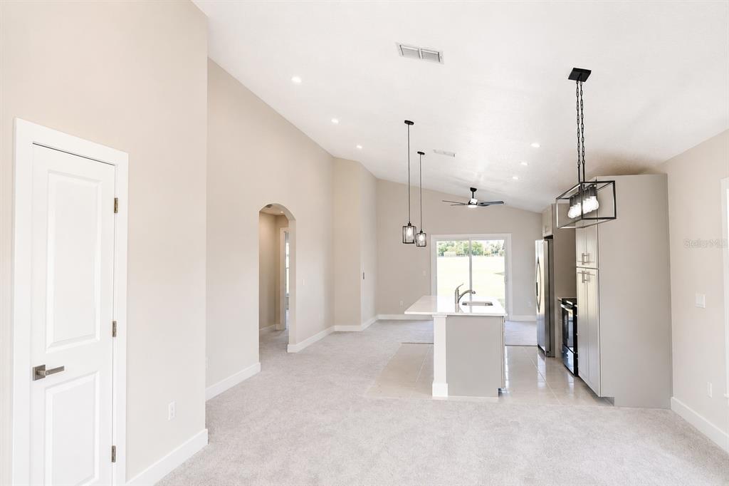 A kitchen with a center island and pendant lighting opens into a carpeted living area — 507 FINLEY AVENUE, KISSIMMEE, FL