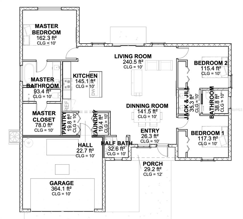 This is a floor plan of a single-story house with a garage and three bedrooms — 250 WILLIAMS AVENUE, ORANGE CITY, FL