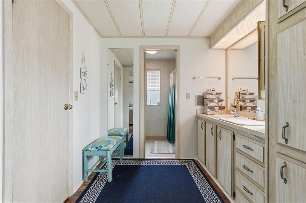 A bathroom vanity area with wood-look cabinets, a blue rug, and a doorway to a shower — 2049 MANOA DRIVE, HOLIDAY, FL
