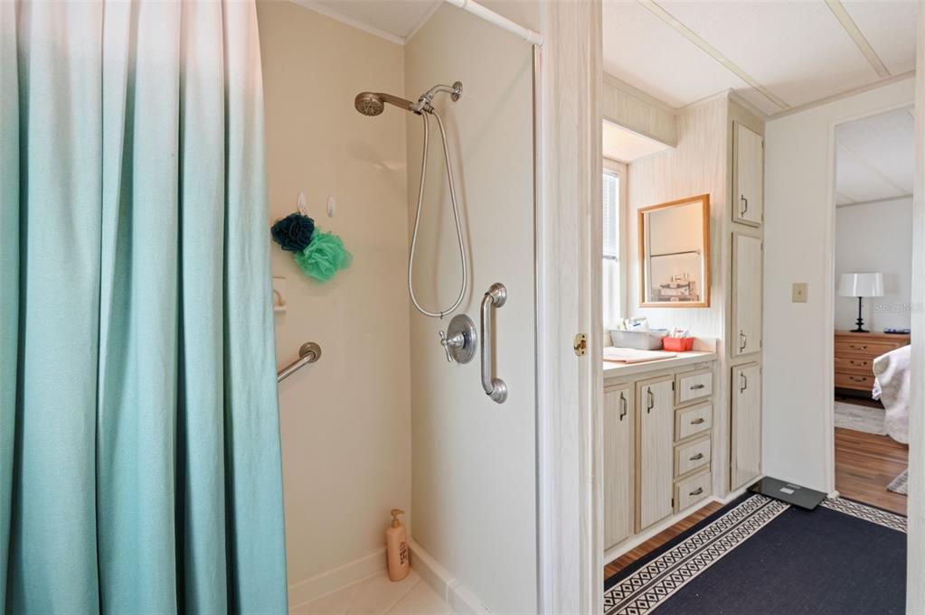 A bathroom features a walk-in shower with a grab bar and a separate vanity area — 2049 MANOA DRIVE, HOLIDAY, FL