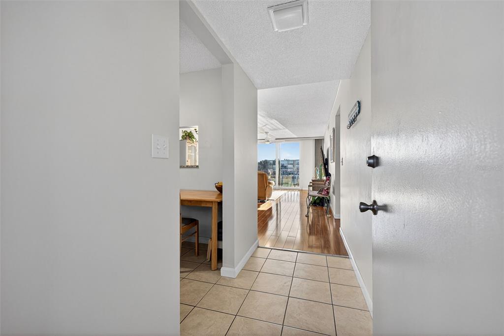 A tiled entryway leads into a living area with hardwood floors and a balcony view — 7625 SUN ISLAND DRIVE S UNIT 207, SOUTH PASADENA, FL