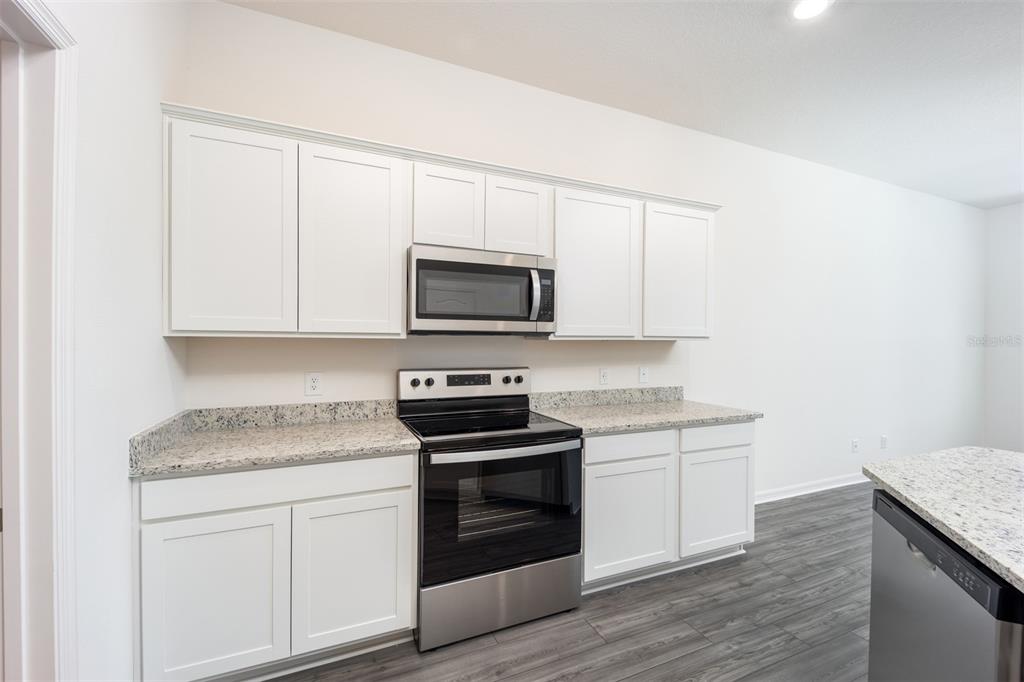 A kitchen features white cabinets, granite countertops, and stainless steel appliances over wood-look flooring — 715 POPPY LANE, DUNDEE, FL