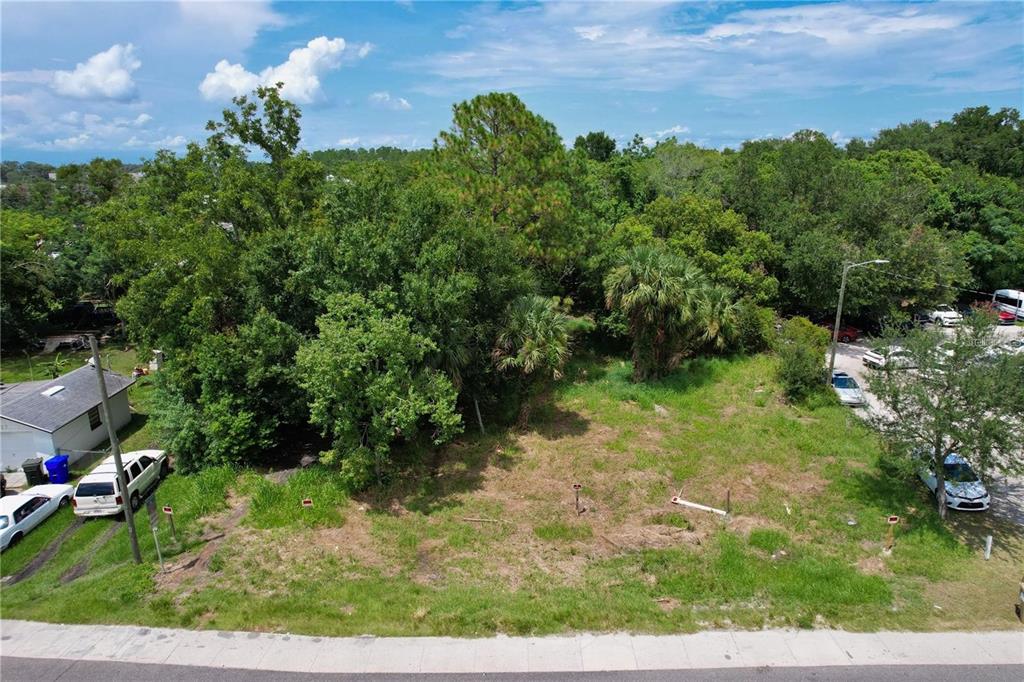 An elevated view shows a vacant, grassy residential lot surrounded by trees and neighboring houses — 319 W SILVER STAR ROAD, OCOEE, FL
