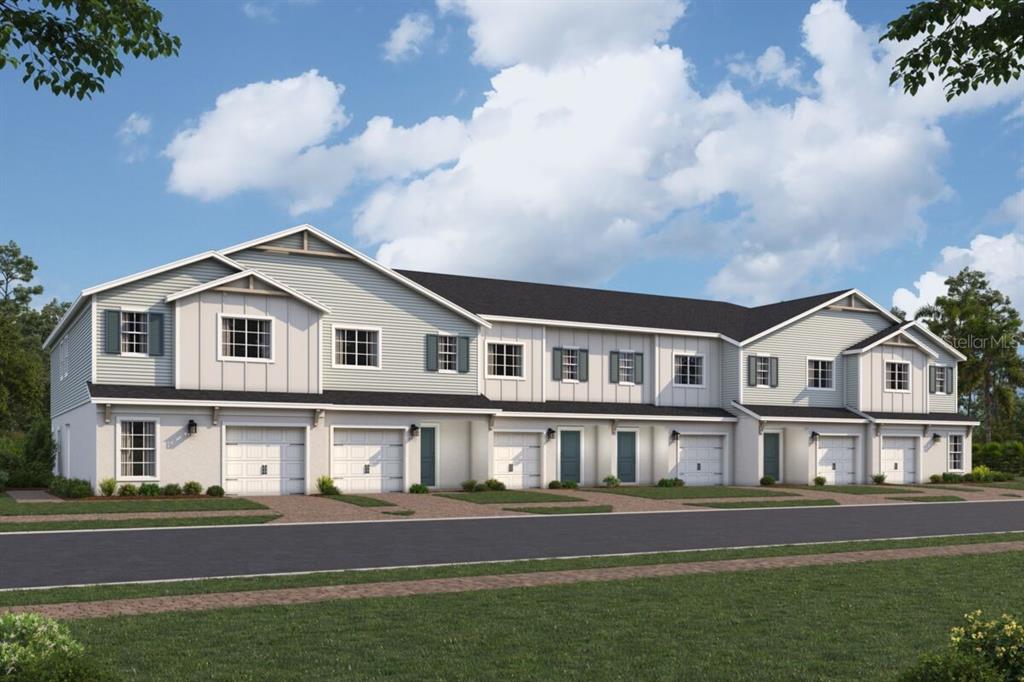 This is a digital rendering of a multi-unit townhouse building with light siding and garages — 2726 BRAVE REEVES ROAD, ORLANDO, FL