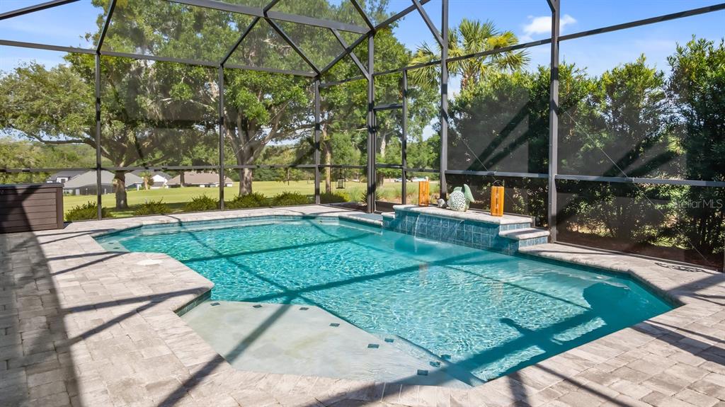 A screened-in swimming pool with a water feature and paver deck overlooking a grassy lawn — 4008 PINNACLE PLACE COURT, LADY LAKE, FL