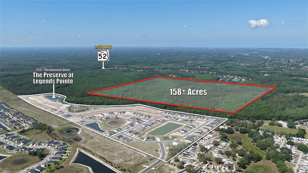 This aerial view shows a large, undeveloped wooded plot outlined in red near a residential development — ROBIN RIDGE TRAIL, HUDSON, FL