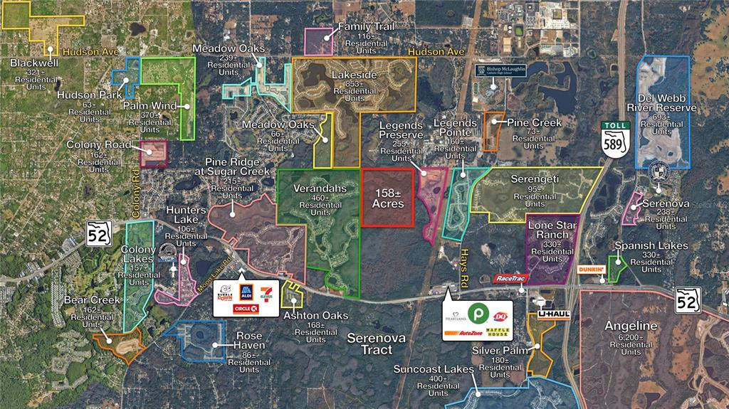 This map displays various residential developments and commercial locations surrounding State Road 52 — ROBIN RIDGE TRAIL, HUDSON, FL