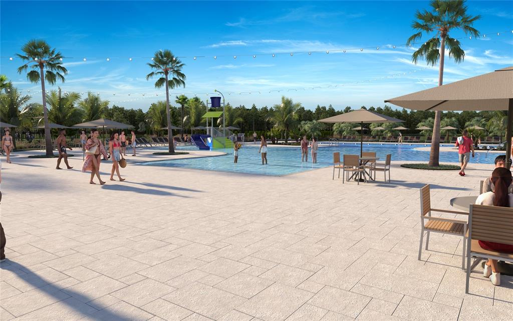 This rendering shows a resort-style swimming pool with lounge chairs, umbrellas, and palm trees — 35094 ARBOR RETREAT DRIVE, DADE CITY, FL