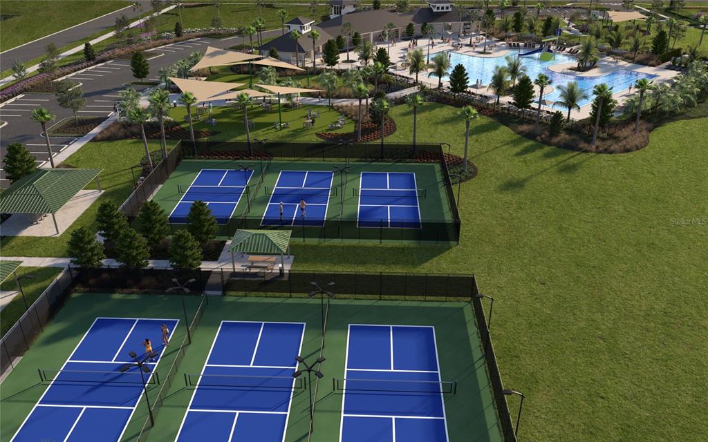 This rendering shows a community recreation area with tennis courts, a swimming pool, and parking — 35094 ARBOR RETREAT DRIVE, DADE CITY, FL