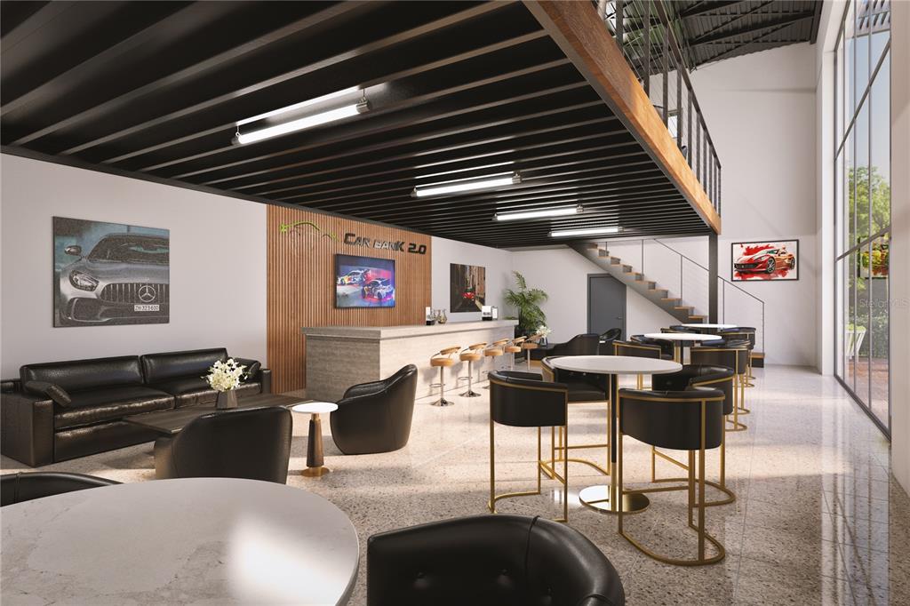 This is a rendering of a modern lounge area with a bar, seating, and mezzanine — 5864 DEREK AVENUE UNIT 3, SARASOTA, FL