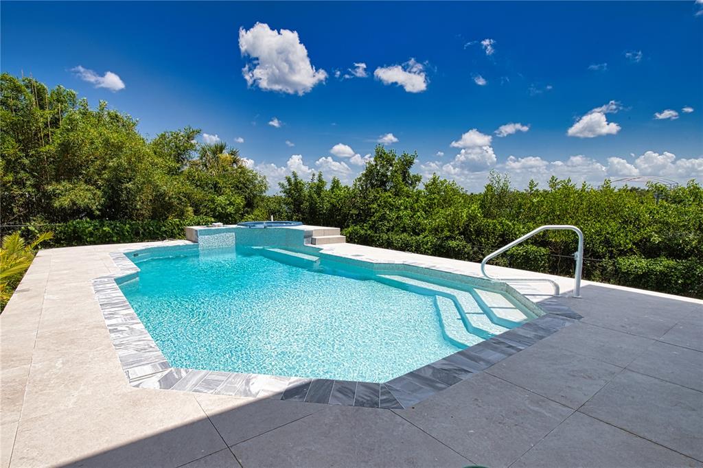 An outdoor swimming pool with a spillover spa and stone decking sits against lush greenery — 13064 VIA FLAVIA, PLACIDA, FL