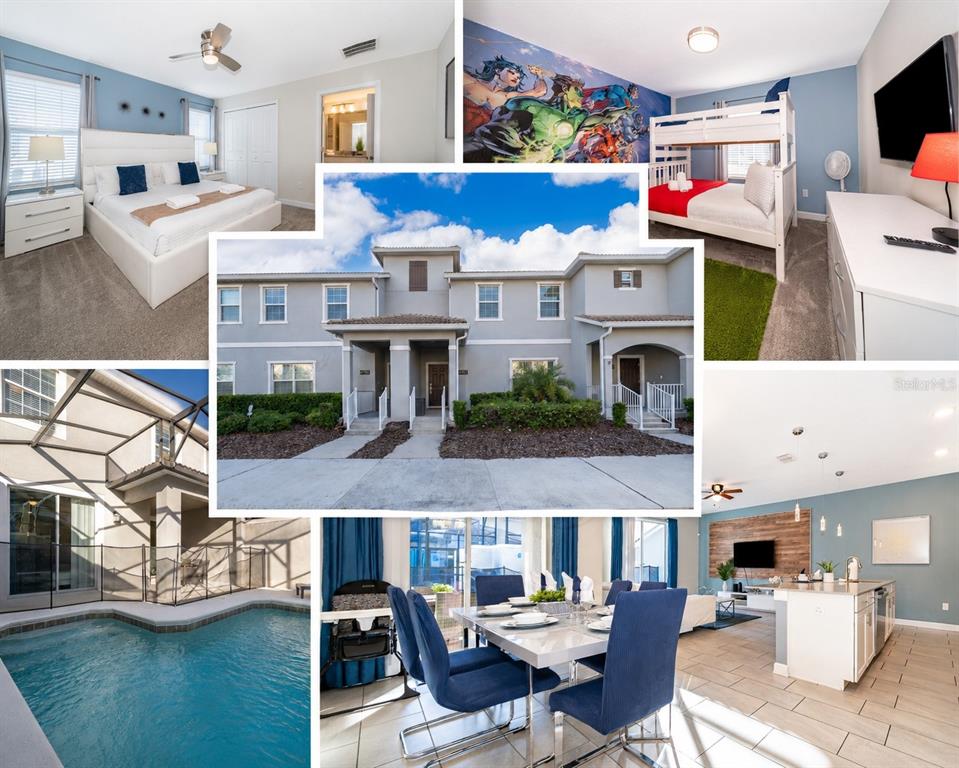 A two-story townhouse exterior with gray stucco walls, brown shutters, and a concrete walkway — 4982 WINDERMERE AVENUE, KISSIMMEE, FL