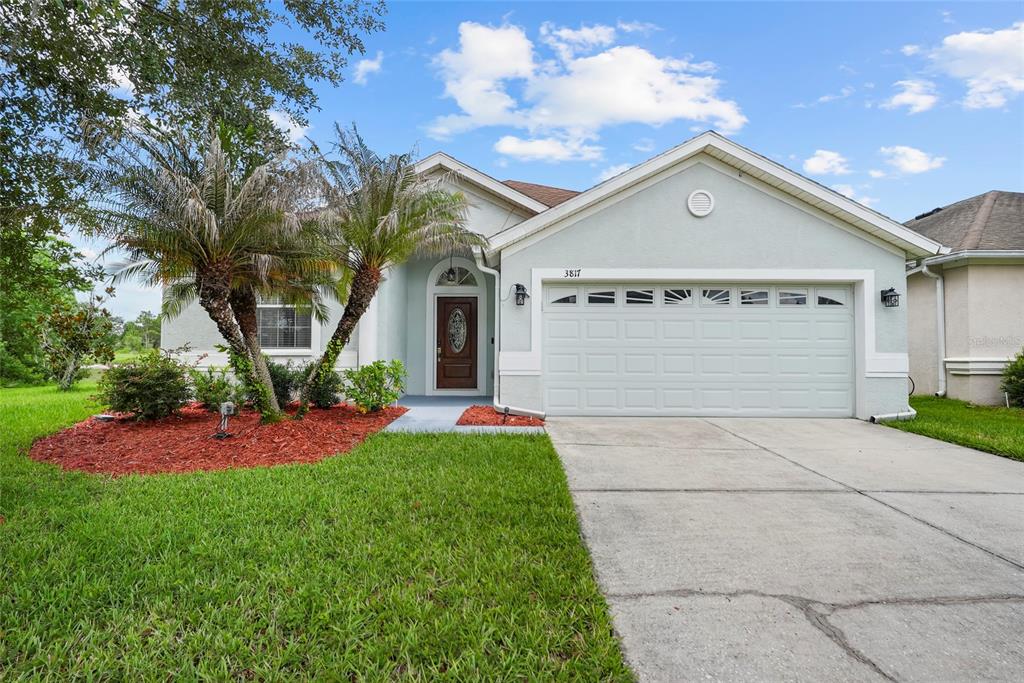 A single-story house with a light-colored stucco exterior, a two-car garage, and palm trees — 3817 LANGDRUM DRIVE, WESLEY CHAPEL, FL