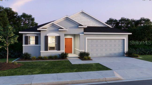 A digital rendering of a single-story suburban house with a two-car garage and orange door — 21247 WYNYARD AVENUE, PORT CHARLOTTE, FL
